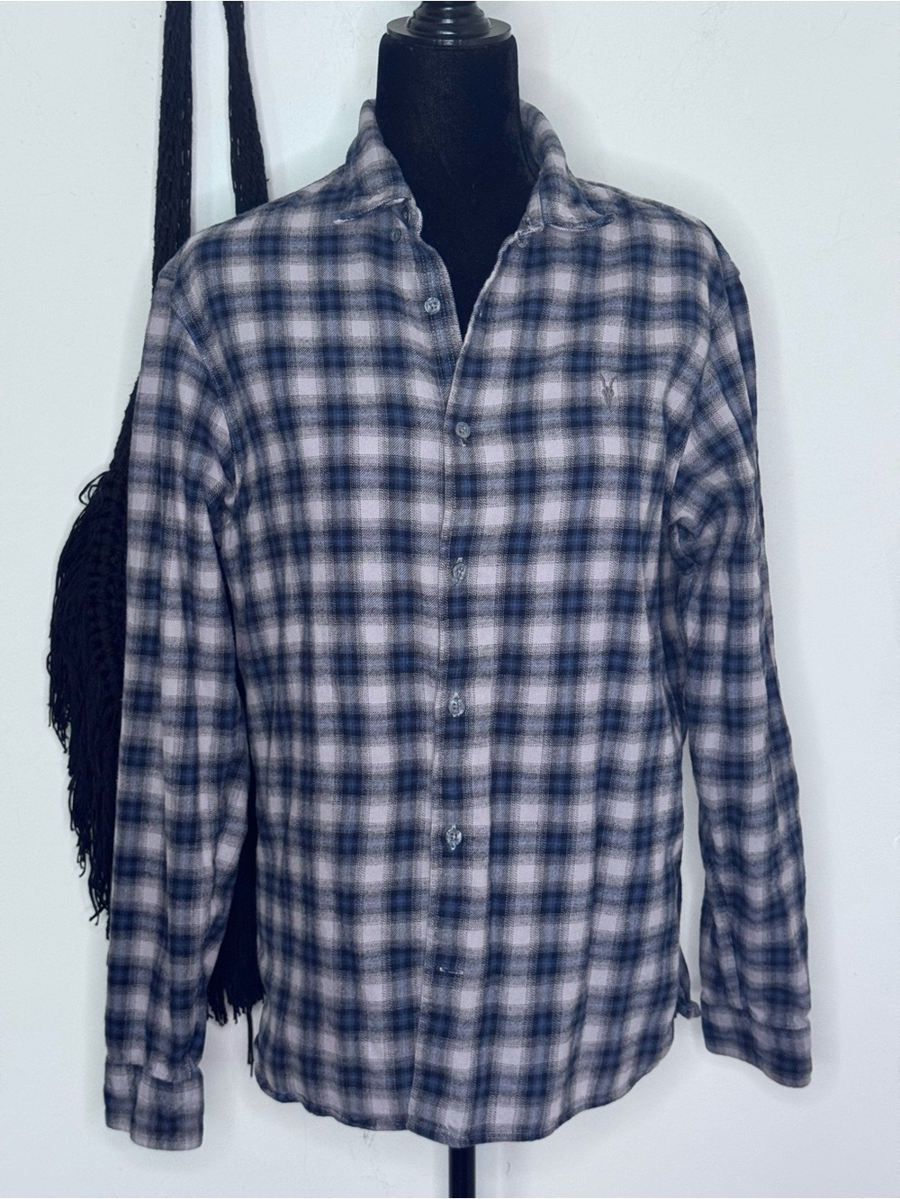 AllSaints Navy White Plaid Button Down Shirt Medium